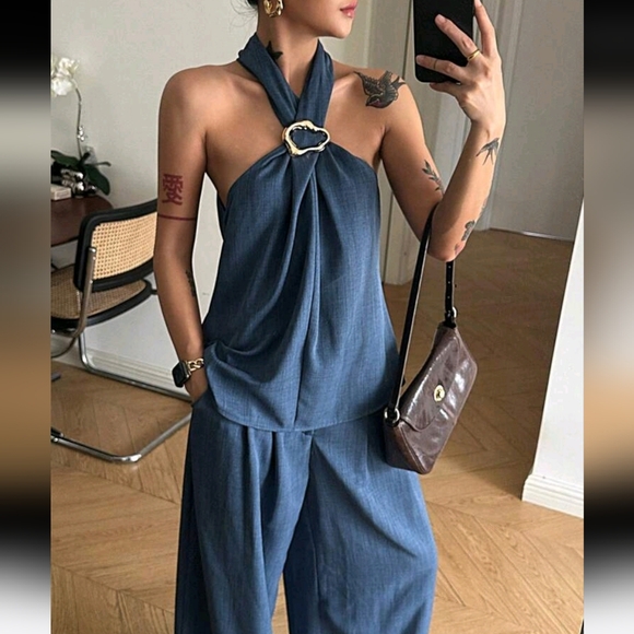Pants - 2pcs/Set Vintage Coin Decor Halter Neck Top And Wide Leg Pants Set